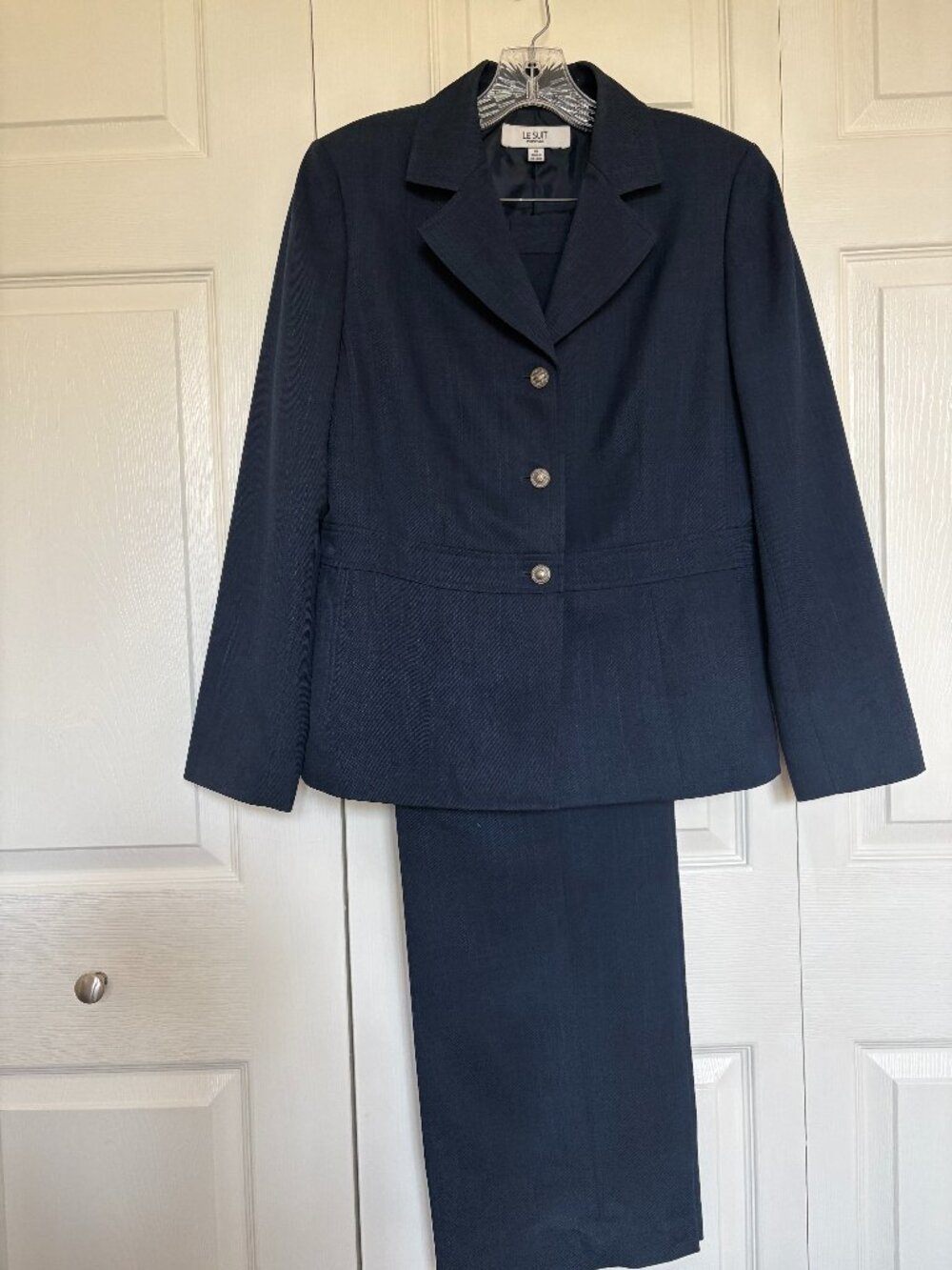 Le Suit Navy Blue Textured Tweed 3-Button Blazer & Pants Suit Set - Size 10